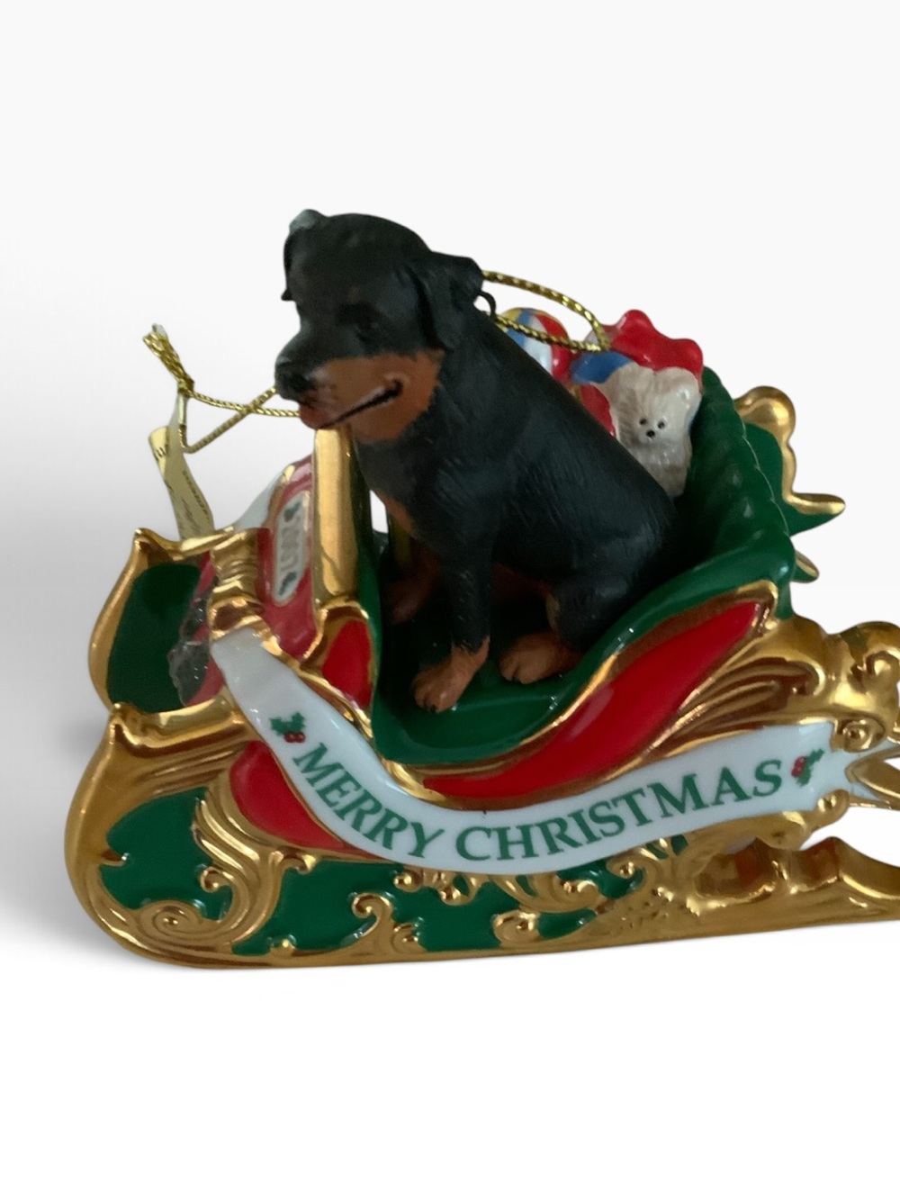 Danbury Mint Black Rottweiler Dog Christmas Sleigh Ornament - Merry Christmas